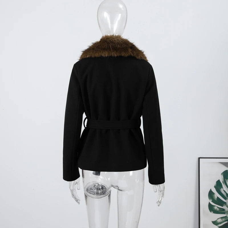 Elegant Shawl Faux Fur Women Coat Lace Up Full Sleeve Belted Waist Lapel Woolen Female Jacket 2025 Autumn Winter Lady Outwears