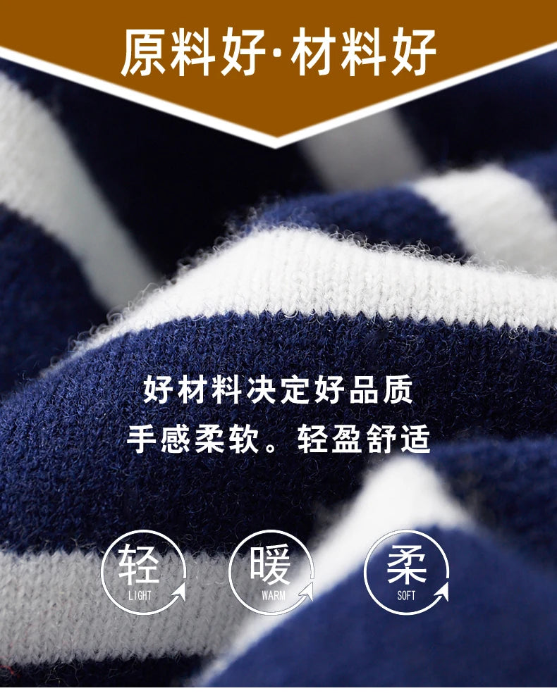 Men's New 100% Pure Wool Sweater O-neck Navy Style Striped Top Spring and Autumn Loose Youth Business Casual Cashmere Sweater