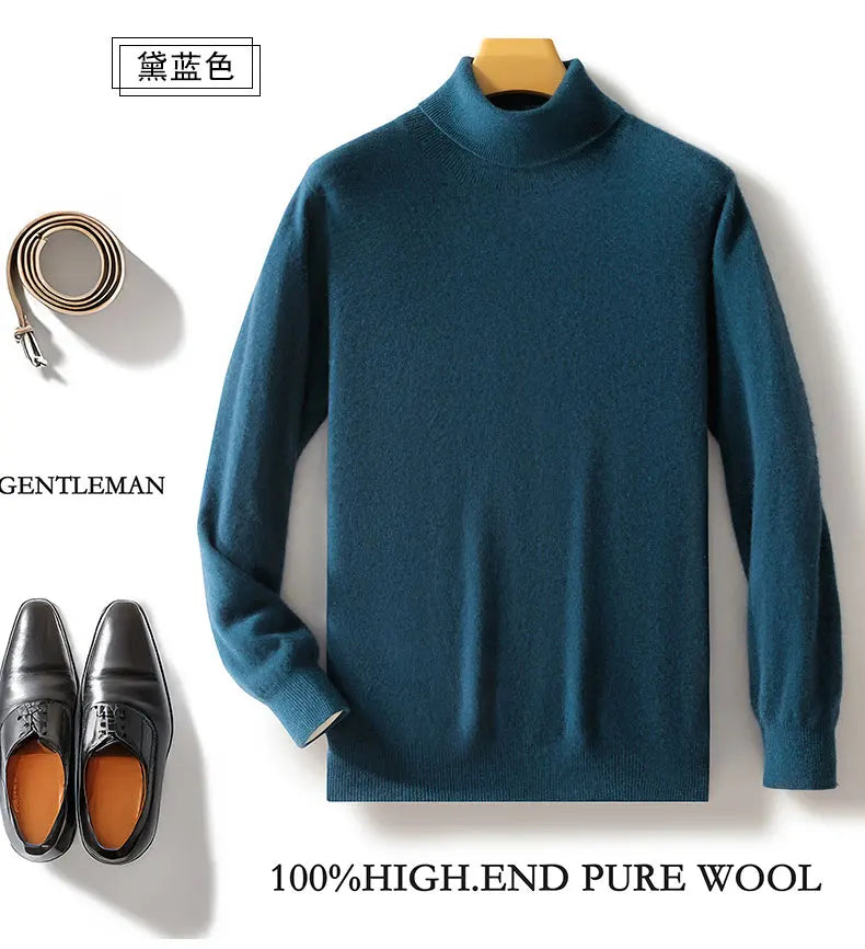 Fall/Winter 12-Needle Flat Lapel 100% Pure Wool Men's Long Sleeve Pullover Knitted Bottoming Shirt Inside