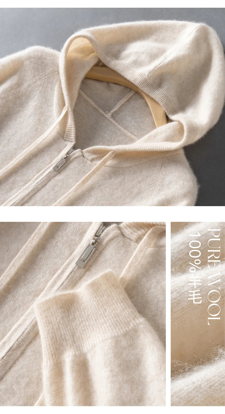 DjzDsm Autumn and Winter100% Merino Wool Men's Knitted Top Zipper Hoodie Zipper Cardigan Knitted Coat Sweater Hoodie