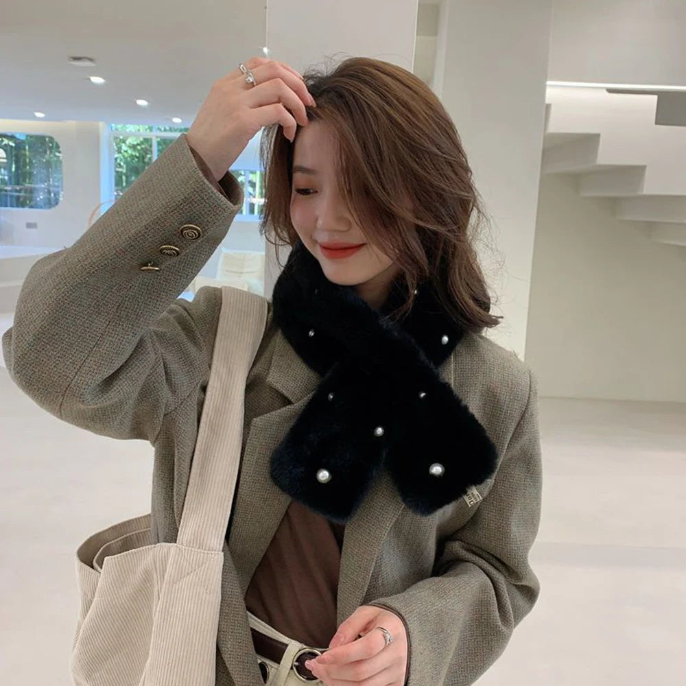 Women Winter Warm Thicken Cross Collar Scarf Solid Color Faux Rabbit Fur Cold Proof Scarves Fashion Soft Furry Neck Warmer