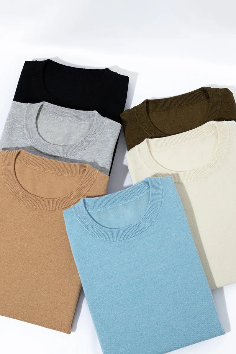 Summer Classic Short Sleeve Men Knitwear Silk Wool blend Sweater O-Neck Loose Cool Quality Business Pullover Basic Clothing Tops