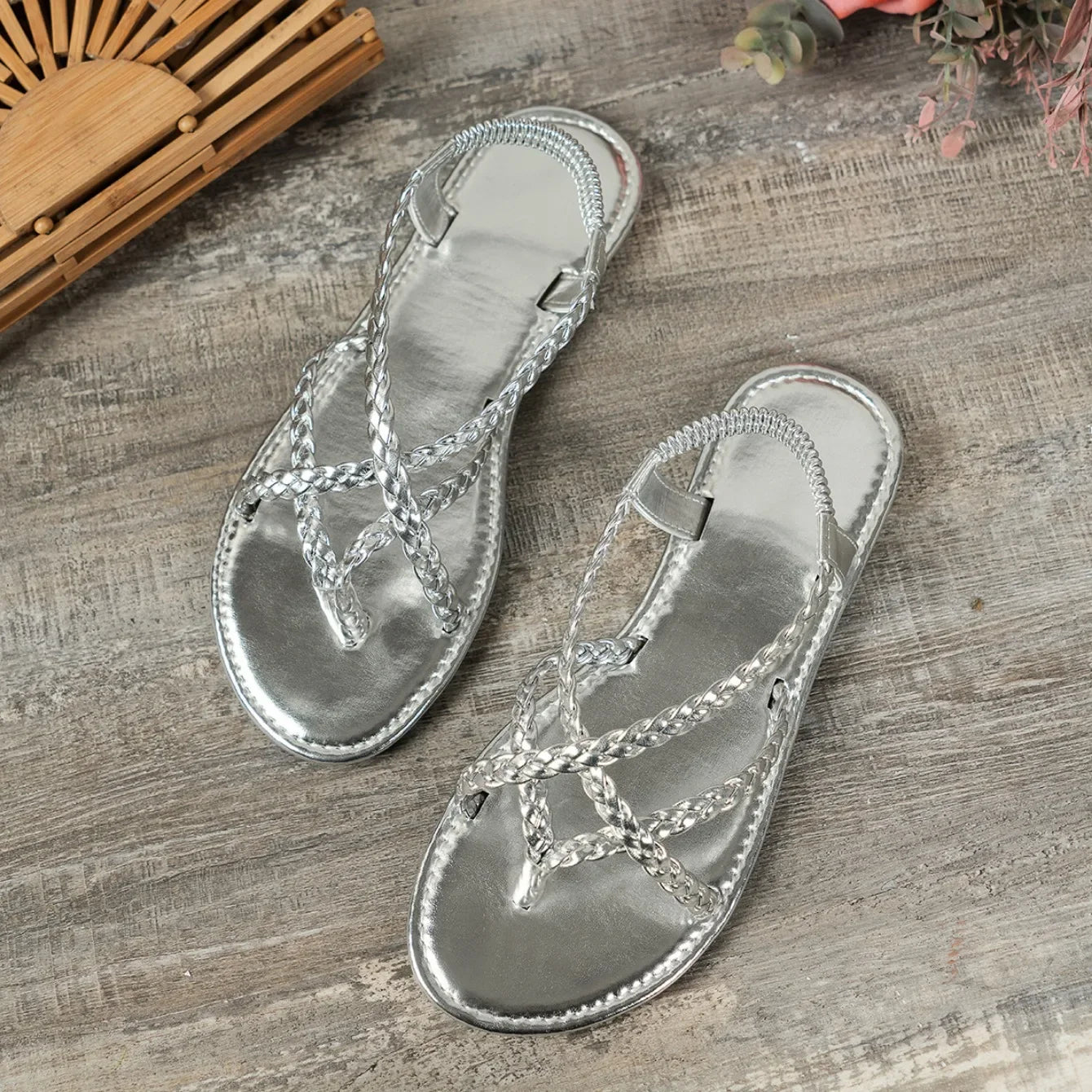 Women Sandals Ladies Braided Flat Clip Toe Summer Slippers Outside Lightweight Elastic Band Slides Women Fashion Woman Sandals