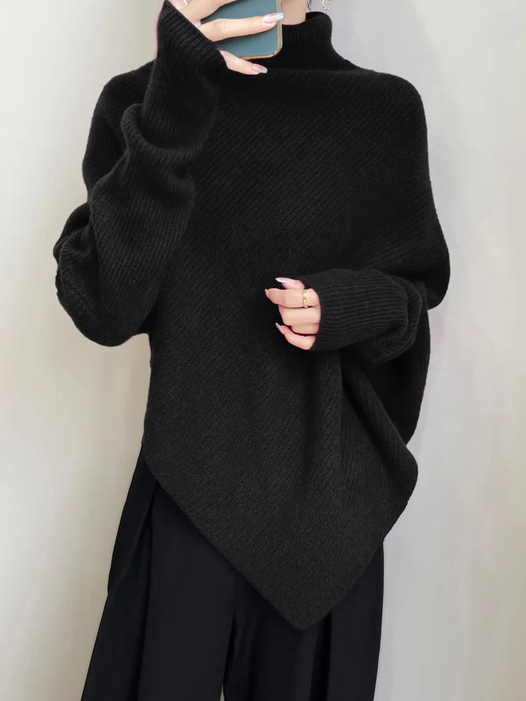 100% Merino Wool Autumn Winter Batwing Sleeves High Neck Pullover Long Sleeve Knitwear Trendy Stylish Warm Women Cashmere Top