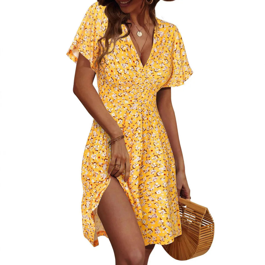 2025 Cross-border Amazon independent station explosion, summer flower short-sleeved package V-neck A line Midi dress