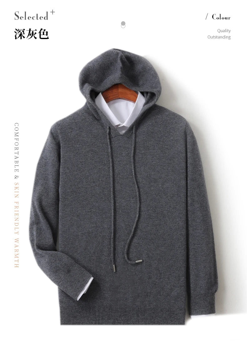 Fall/Winter 100% Pure Wool Men's Hooded Loose Thick Sweater Fashion Long Sleeve Casual Knit Top