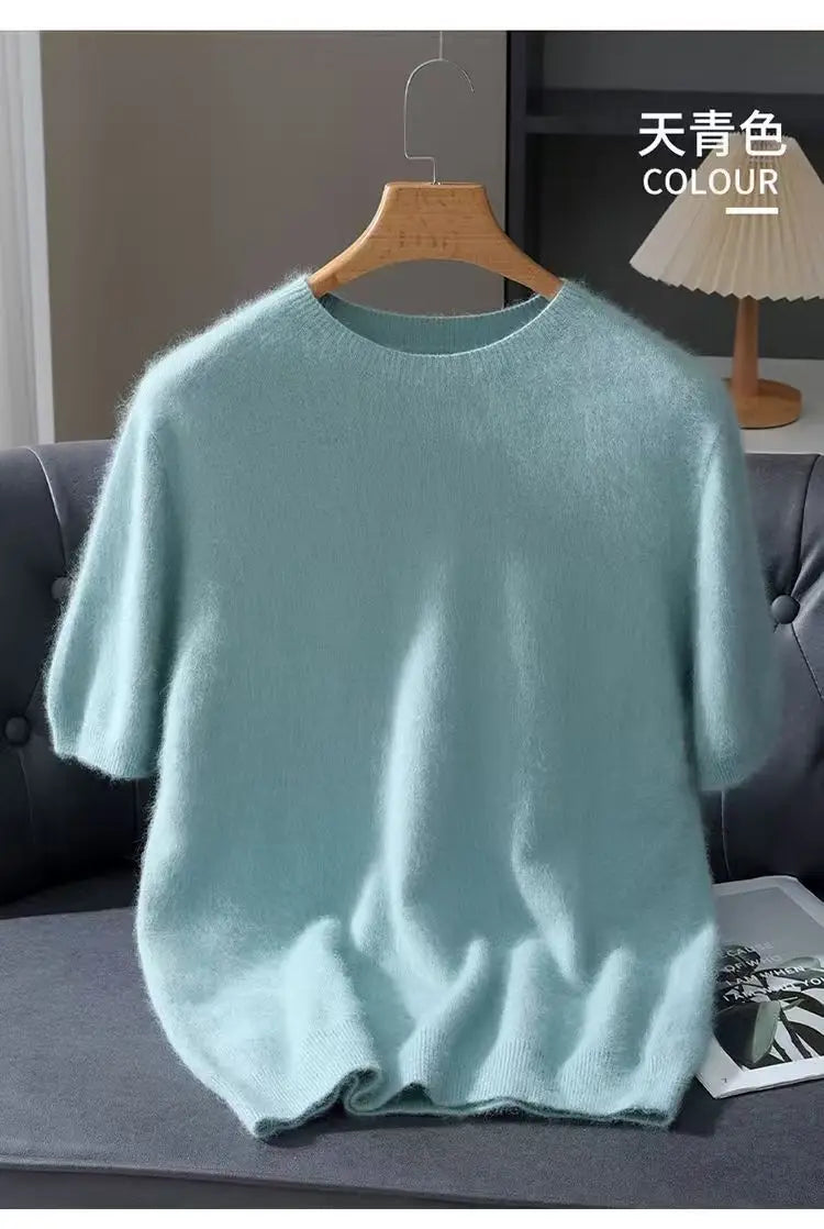 100% Mink Cashmere Knit Sweater Men's T-Shirt Spring Summer Loose O-Neck Solid Color Casual Business Base Pullover Short Sleeve
