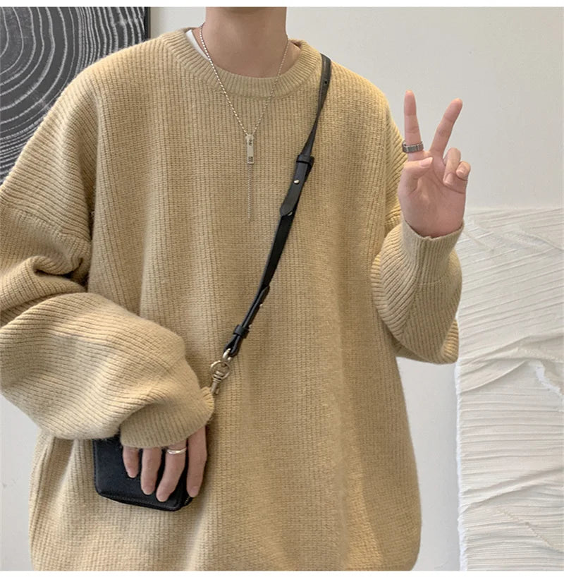 2025 Autumn Crew Neck Solid Color Pullover Sweaters For Men Casual Y2K Knitted Sweater High Street Fashion Jumpers Hombre