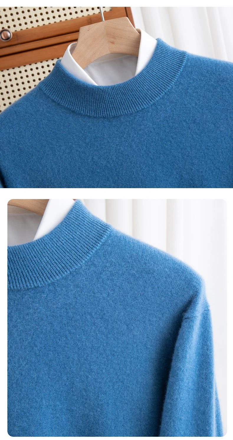 New Fashion Men's 100% Wool Pullover Half-high Collar Sweater Autumn Winter Warm Solid Color Knit Sweater Business Casual Top