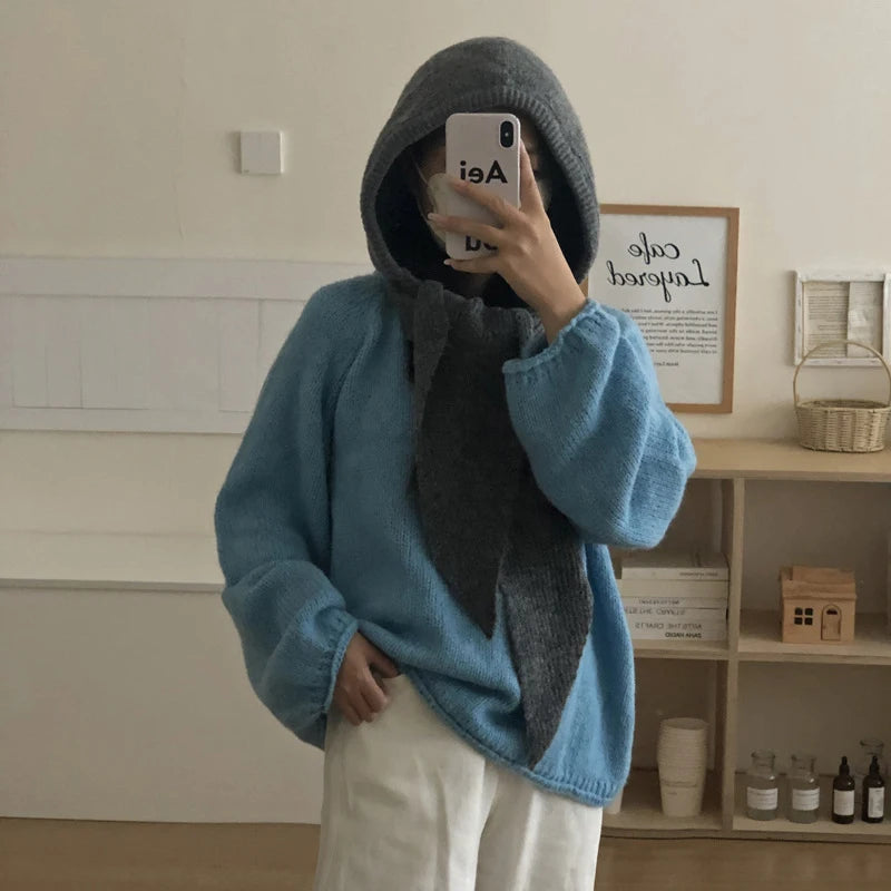 Winter Y2K Wool Knitted Balaclava Hat Fashion Fake Collar Shawl Hooded Hat Outdoor Pullover One-piece Neck Collar Warm Beanies