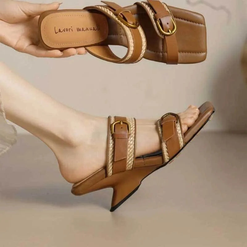 Vintage Braided Belt Buckle Open Toe Wedges Women's Summer New Square-toed High-heeled Slippers