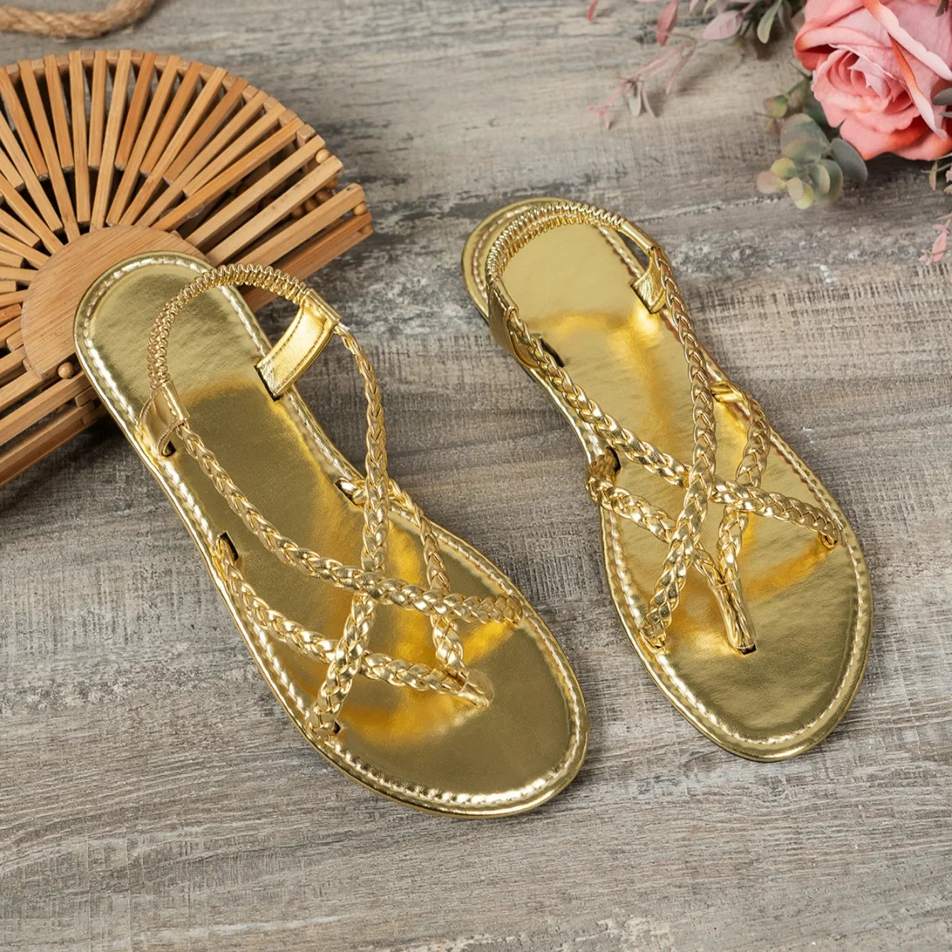 Women Sandals Ladies Braided Flat Clip Toe Summer Slippers Outside Lightweight Elastic Band Slides Women Fashion Woman Sandals