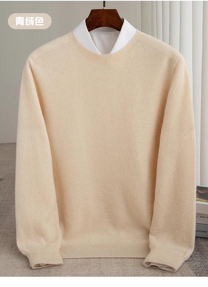 Autumn And Winter 100% Pure Wool Men's Thick Round Neck Slim-Fit  O-neck Pullover Long-Sleeved Knitted Cashmere Sweater