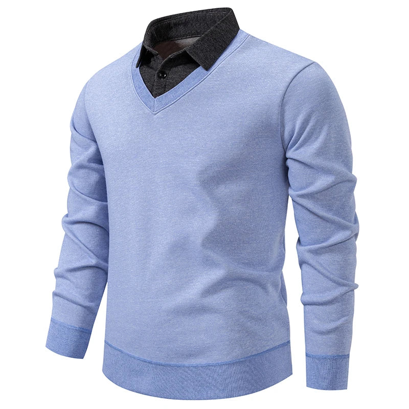 Autumn Winter Men's Fake Two-Piece Knitted Pullovers Fashion Slim Fit Turn Down Collar Knit Sweater Men Fleece Warm Pullovers