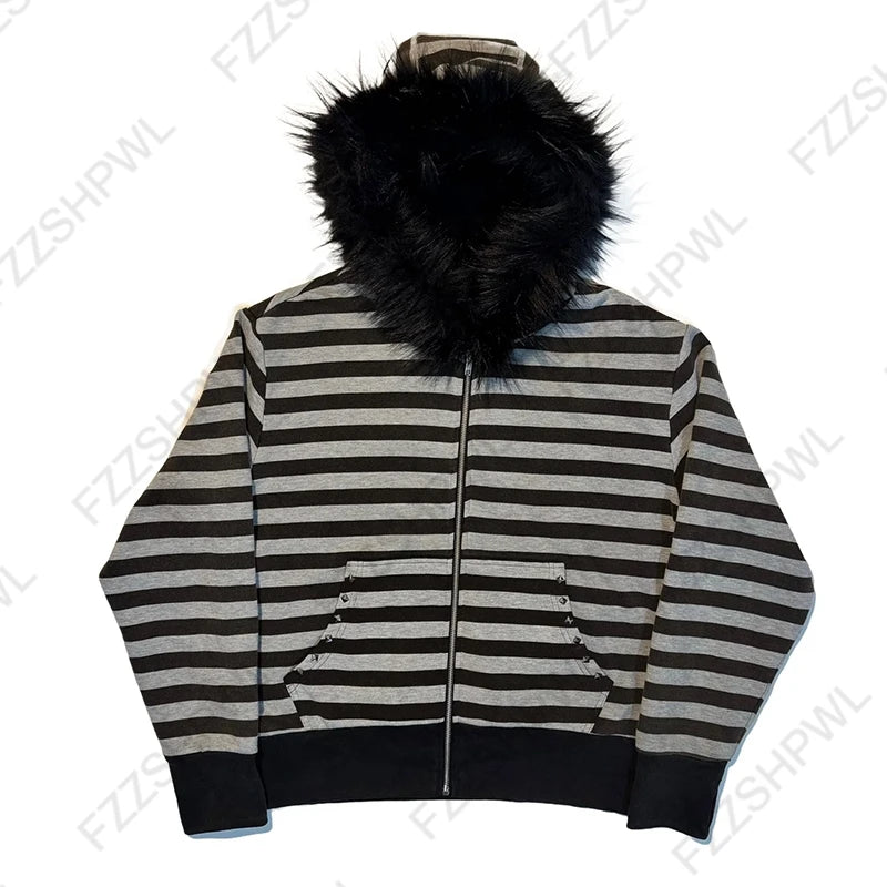 Y2K Aesthetic Women's Autumn Winter Fur Collar Sweatshirt Harajuku Gothic Punk Rock Hottie Sweatshirt Jacket Emo Girl Streetwear