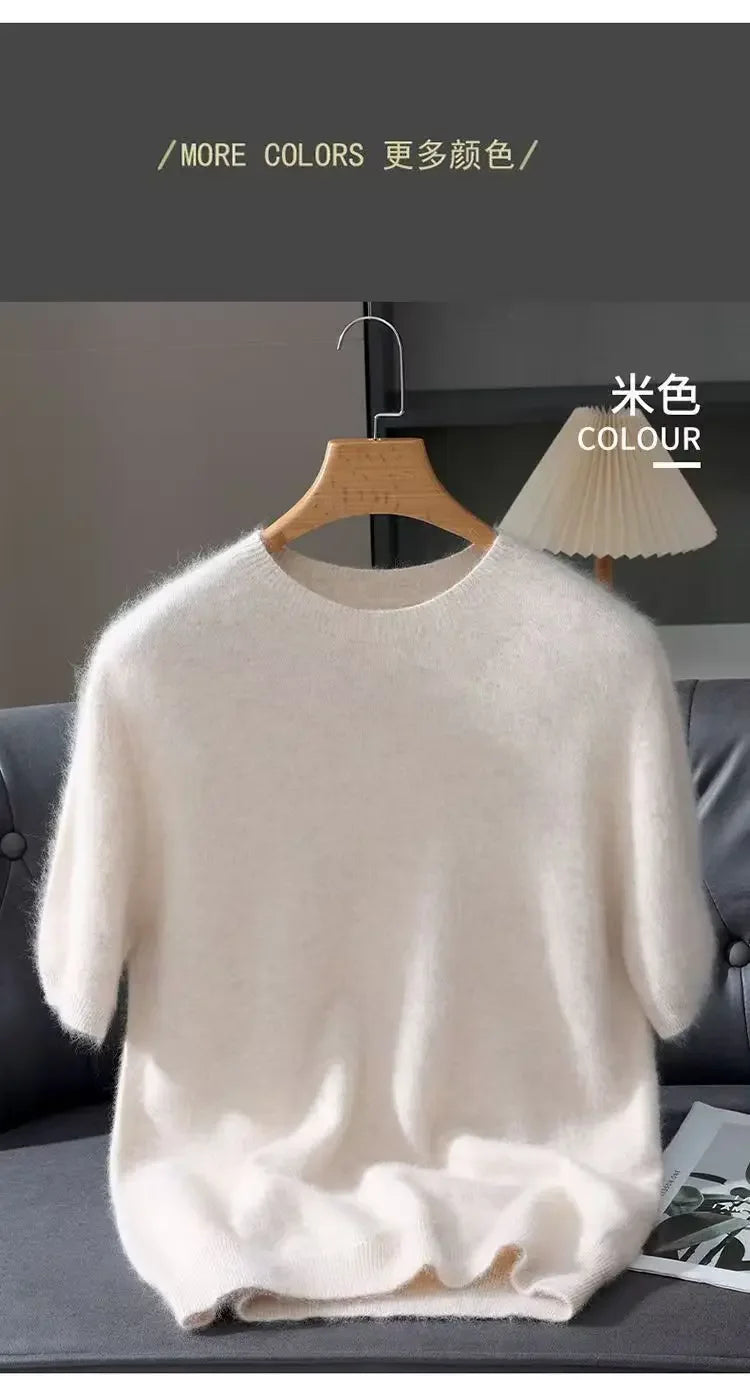 100% Mink Cashmere Knit Sweater Men's T-Shirt Spring Summer Loose O-Neck Solid Color Casual Business Base Pullover Short Sleeve