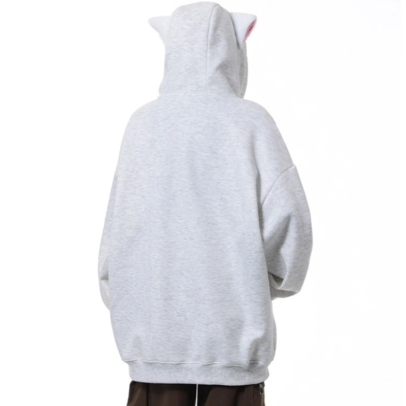 Fall Women's Fashion Zipper Cat Ears Hoodie Jacket Y2k Solid Color Cardigan Long Sleeve Oversized Hoodies for Female Sweatshirt