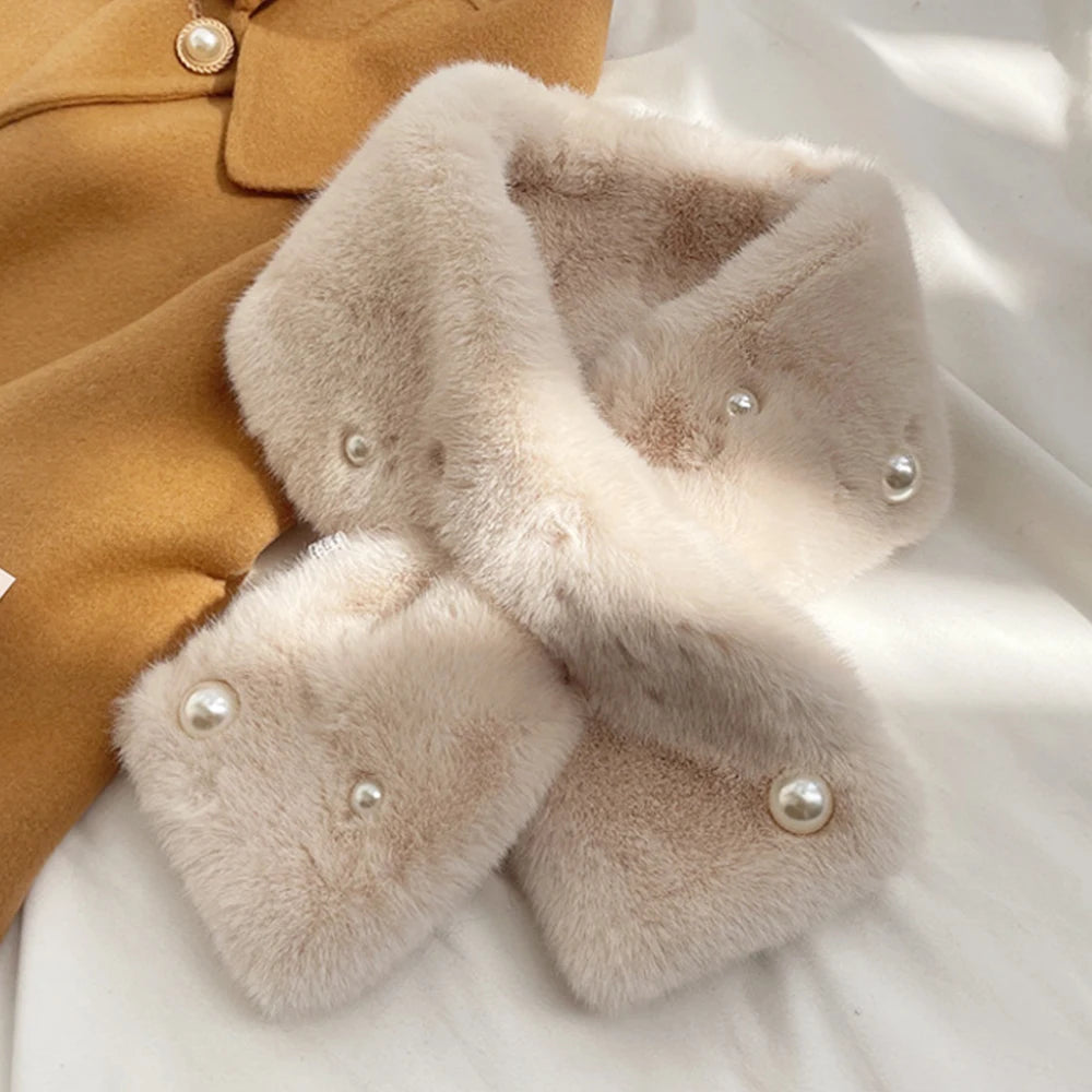 Women Winter Warm Thicken Cross Collar Scarf Solid Color Faux Rabbit Fur Cold Proof Scarves Fashion Soft Furry Neck Warmer