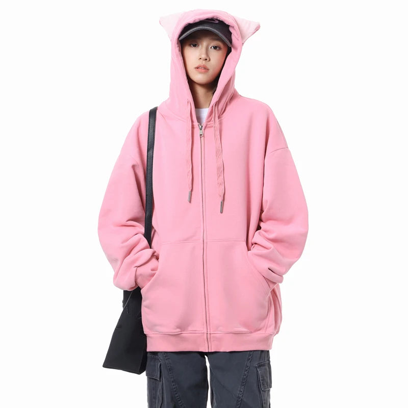 Fall Women's Fashion Zipper Cat Ears Hoodie Jacket Y2k Solid Color Cardigan Long Sleeve Oversized Hoodies for Female Sweatshirt