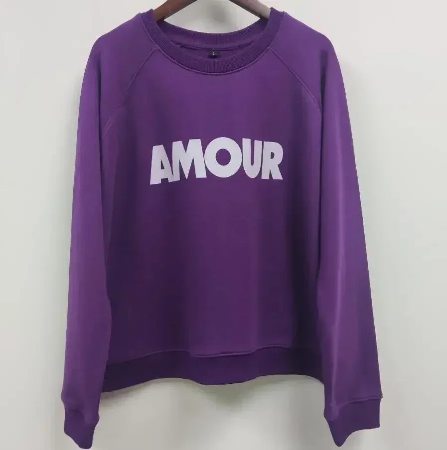 Women Early Spring New Retro Letter Love Print Loose Pullover Sweatshirt Long-sleeved Terry Sweatshirt