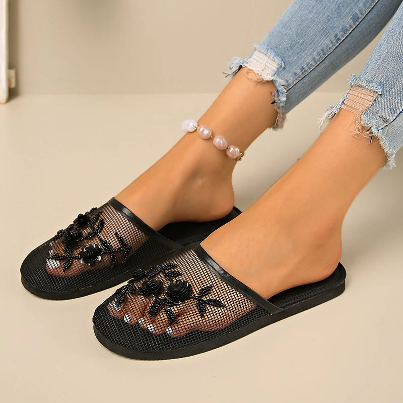 Shoes for Women 2025 Hot Sale Baotou Women's Slippers Fashion Crystal Floral Daily Slippers Women New Mesh Flat Slippers Zapatos