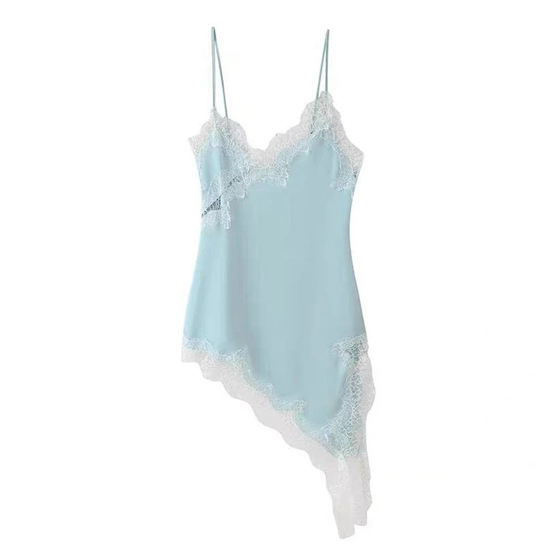 Combhasaki Women Floral Lace Trim Satin High Low Vest Silk Spaghetti Strap Side Split Asymmetrical Cami Flowy Silky Layering Top