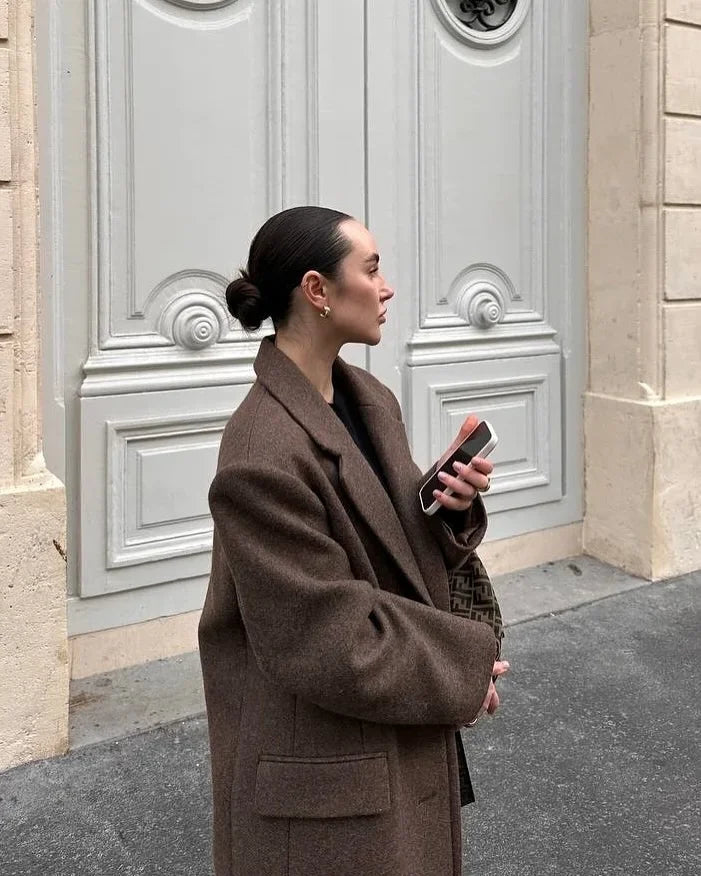 Brown Shoulder Pad Wool Blend Overcoat Women Elegant Lapel Single-breasted Long Sleeve Coat 2025 Autumn Lady Commuter Outerwear