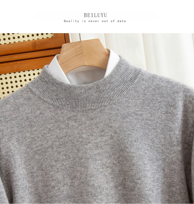 New Fashion Men's 100% Wool Pullover Half-high Collar Sweater Autumn Winter Warm Solid Color Knit Sweater Business Casual Top