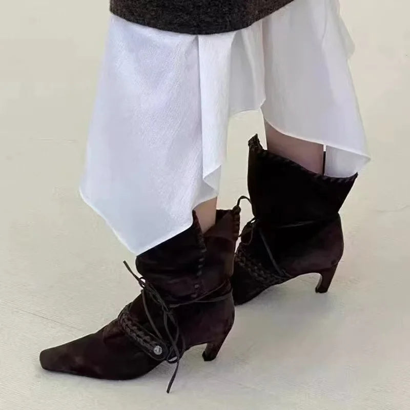 Liyke Autumn Winter Brown Suede Weave Lace-up Women Fold Pleated Ankle Boots Fashion Thin Low Heels Chelsea Western Ladies Shoes