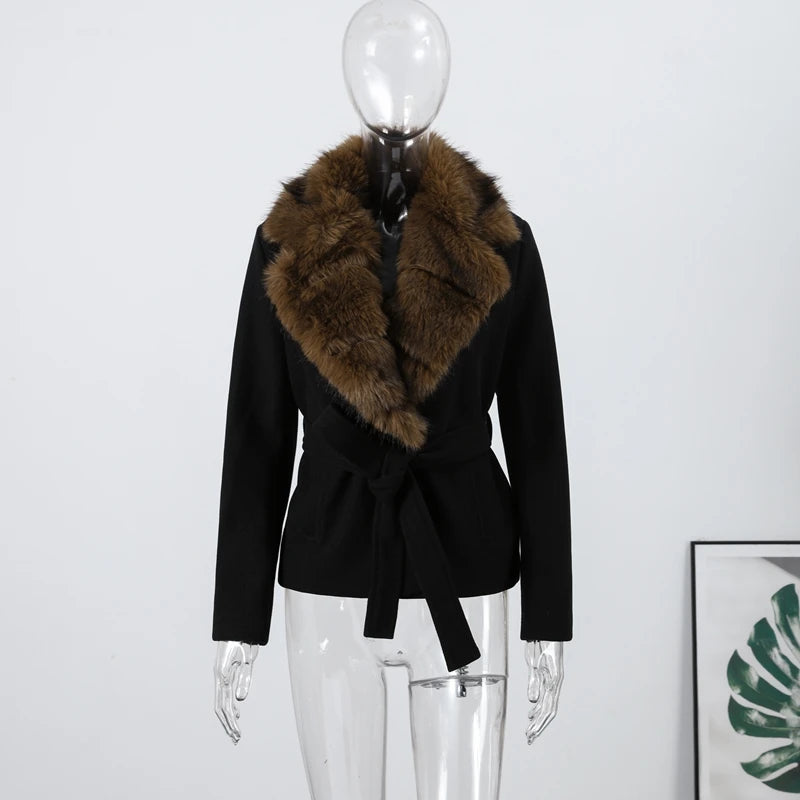 Elegant Shawl Faux Fur Women Coat Lace Up Full Sleeve Belted Waist Lapel Woolen Female Jacket 2025 Autumn Winter Lady Outwears