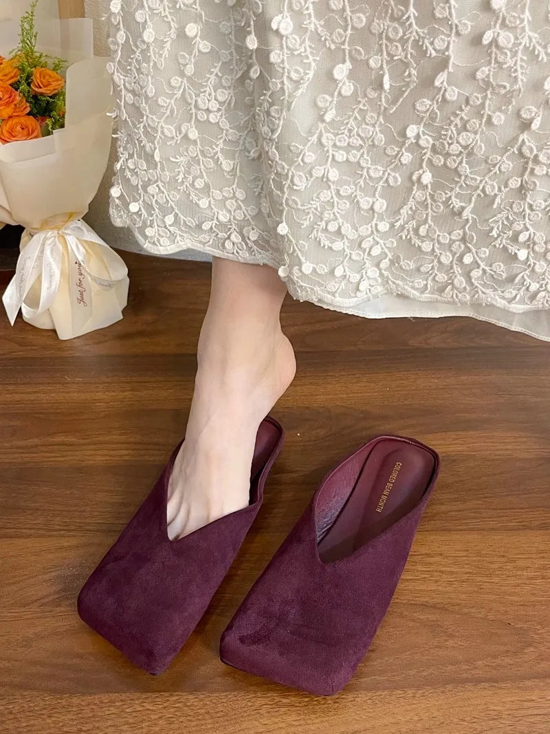 Suede Flats Women Cotton Slippers Square Toe Fashion Mules Shoes Casual Slingback Women's Winter Boots Trend Mujer Zapatos