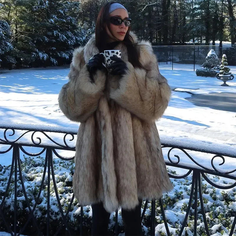 Winter Lady Luxurious Lapel Faux Fur Coats Fashion High Street Long Sleeve Oversize Cardigan Jacket Thick Warm Female Outerwear