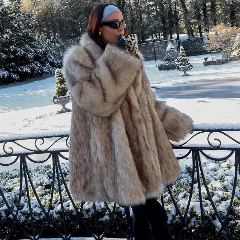 Winter Lady Luxurious Lapel Faux Fur Coats Fashion High Street Long Sleeve Oversize Cardigan Jacket Thick Warm Female Outerwear