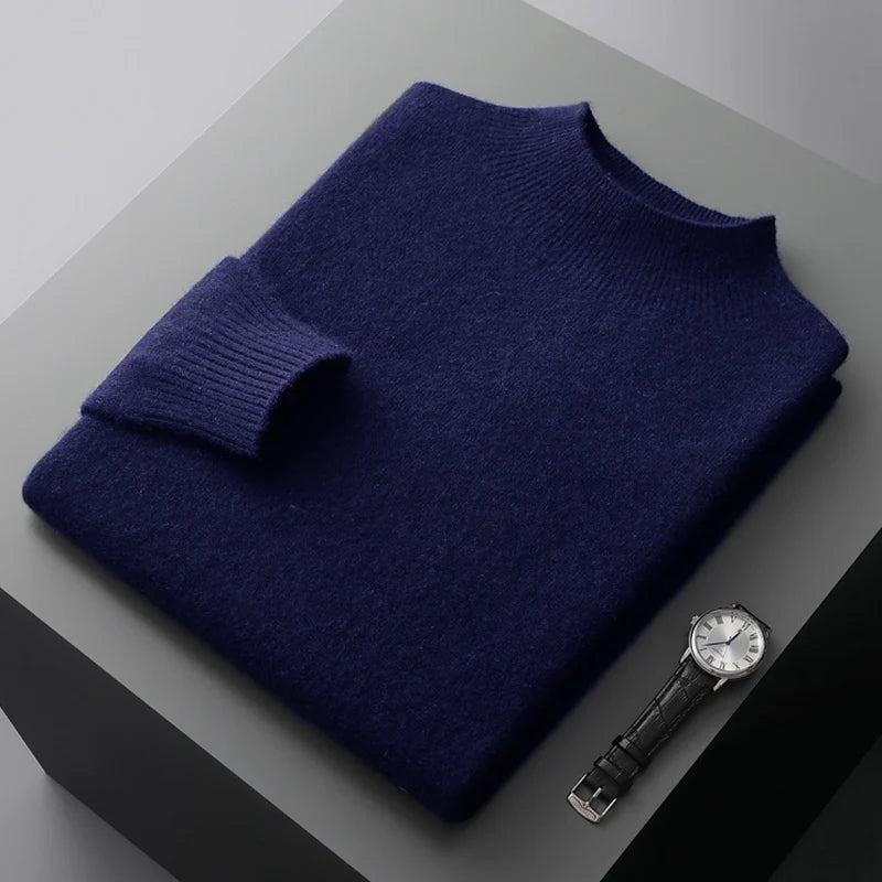 New Men's 100% Merino Wool Mock Neck Pullover Soft Warm Jumpers Quality Cashmere Sweater Casual Smart Knitwear Basic Tops Clothi