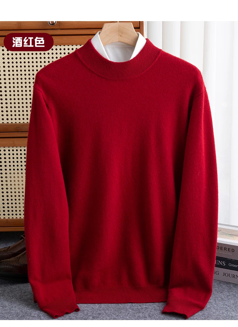 New Fashion Men's 100% Wool Pullover Half-high Collar Sweater Autumn Winter Warm Solid Color Knit Sweater Business Casual Top