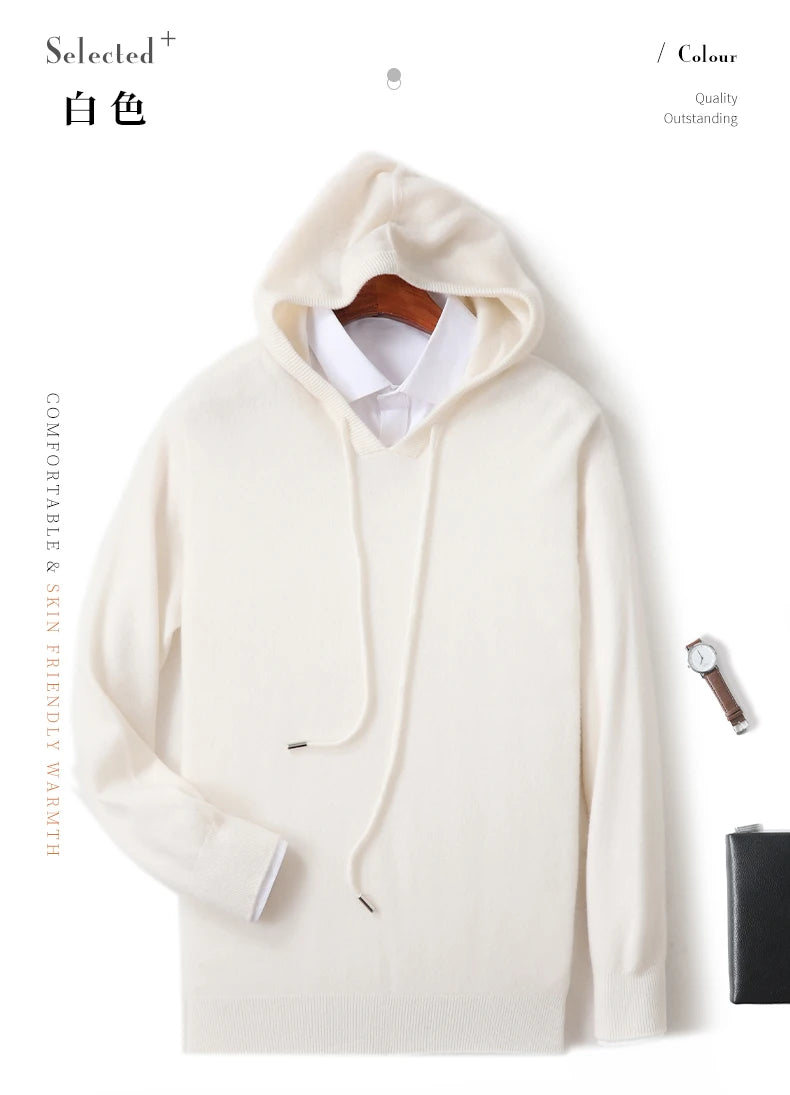 Fall/Winter 100% Pure Wool Men's Hooded Loose Thick Sweater Fashion Long Sleeve Casual Knit Top