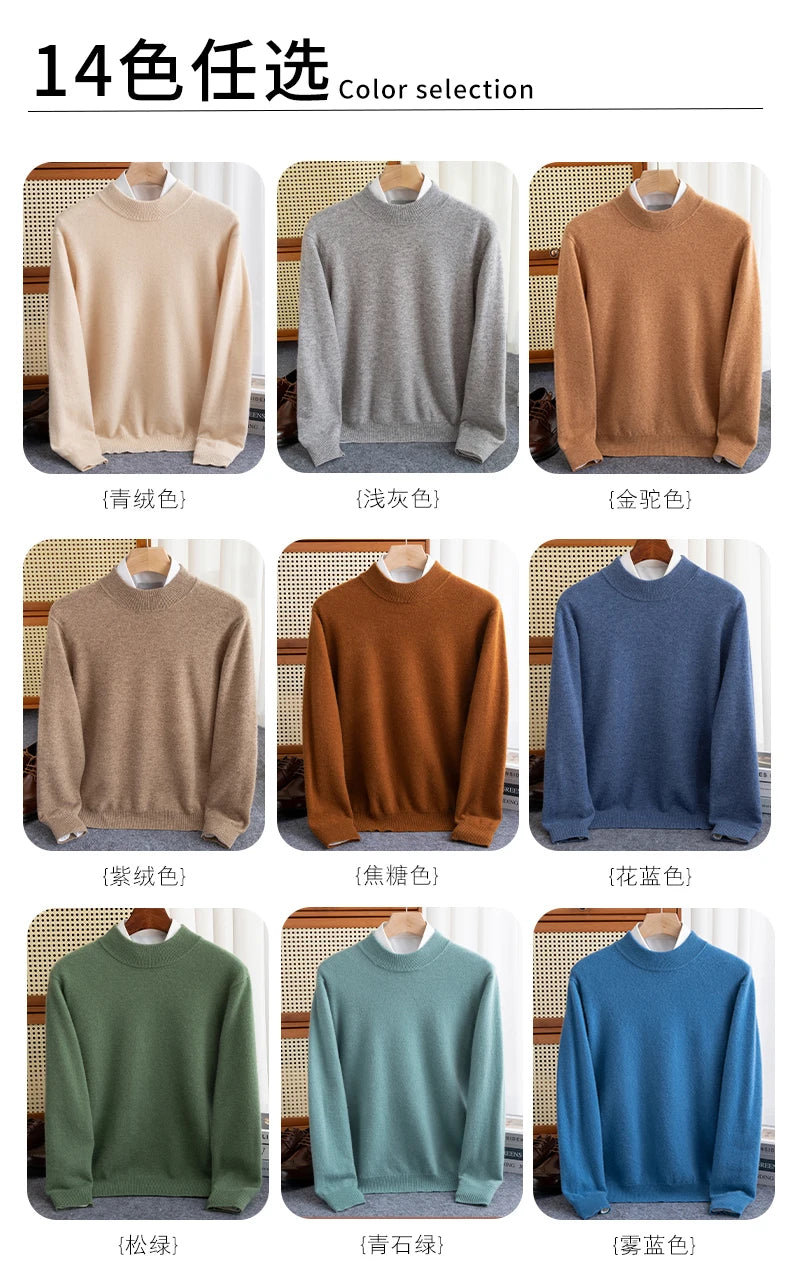 New Fashion Men's 100% Wool Pullover Half-high Collar Sweater Autumn Winter Warm Solid Color Knit Sweater Business Casual Top