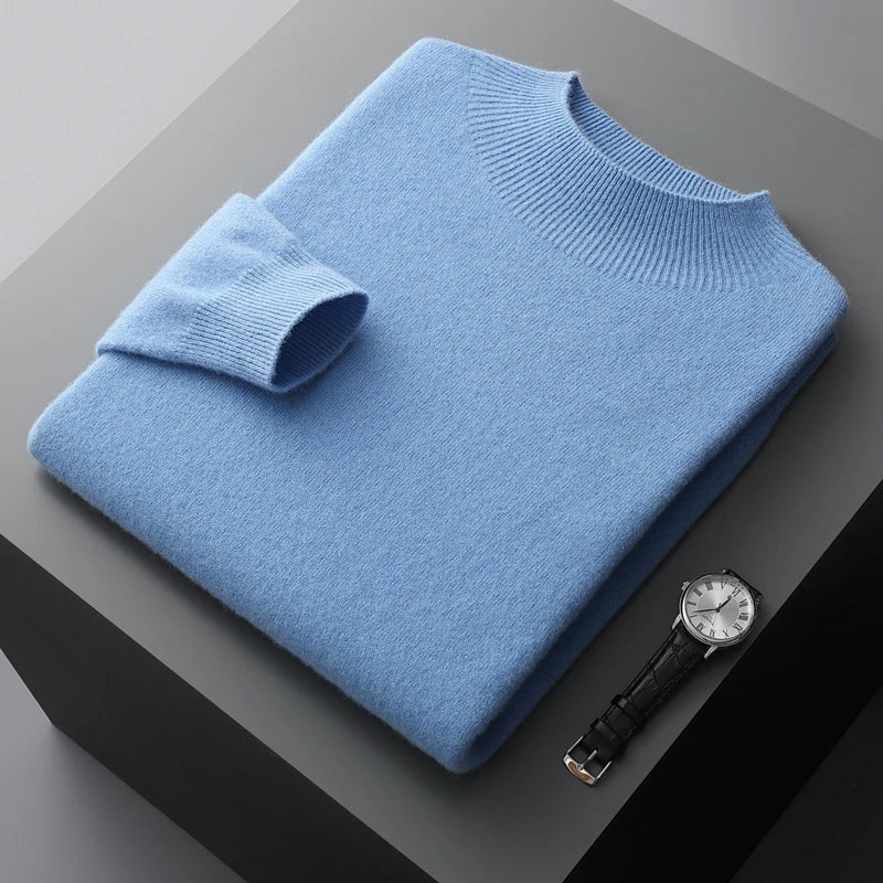 New Men's 100% Merino Wool Mock Neck Pullover Soft Warm Jumpers Quality Cashmere Sweater Casual Smart Knitwear Basic Tops Clothi