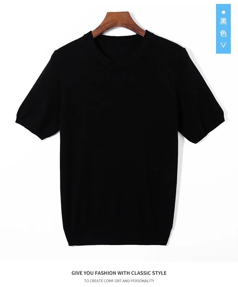 Summer Classic Short Sleeve Men Knitwear Silk Wool blend Sweater O-Neck Loose Cool Quality Business Pullover Basic Clothing Tops