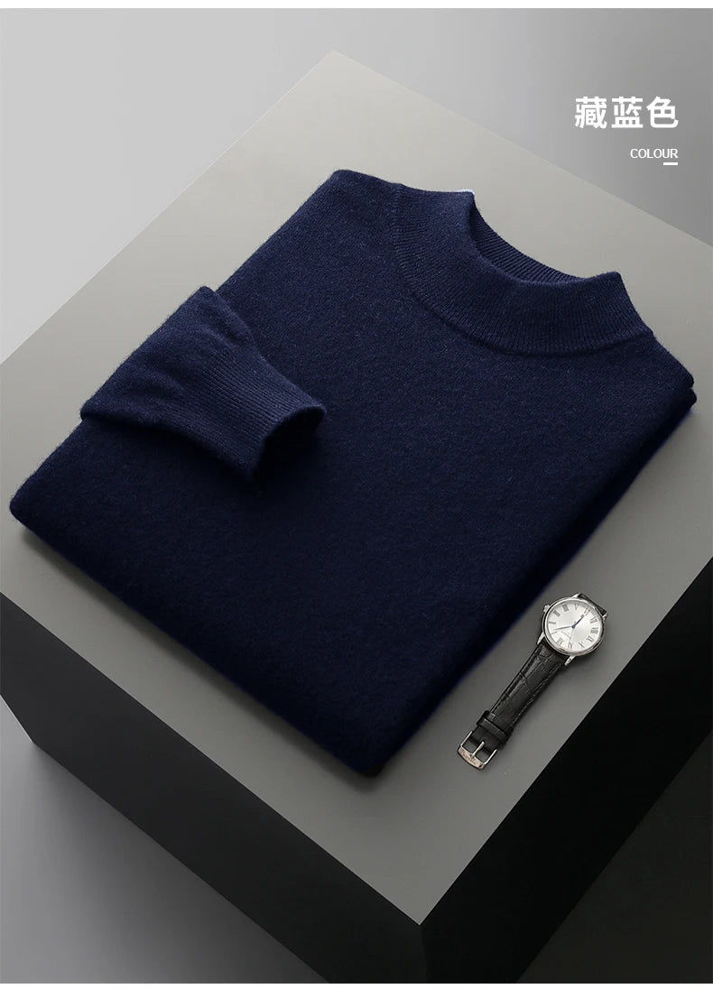 Autumn and winter men's cashmere sweater stand up collar long sleeved pullover soft and warm 100% Merino wool knitted top