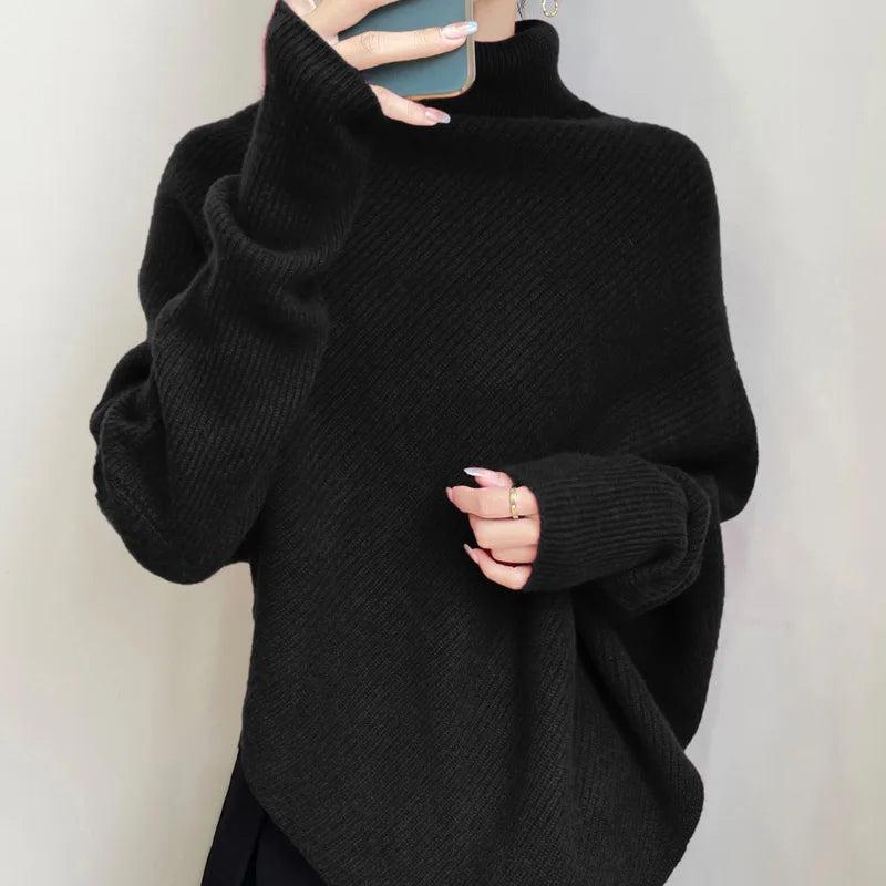 100% Merino Wool Autumn Winter Batwing Sleeves High Neck Pullover Long Sleeve Knitwear Trendy Stylish Warm Women Cashmere Top