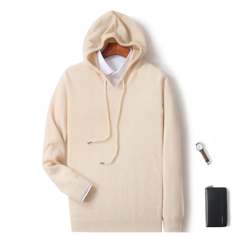 Fall/Winter 100% Pure Wool Men's Hooded Loose Thick Sweater Fashion Long Sleeve Casual Knit Top