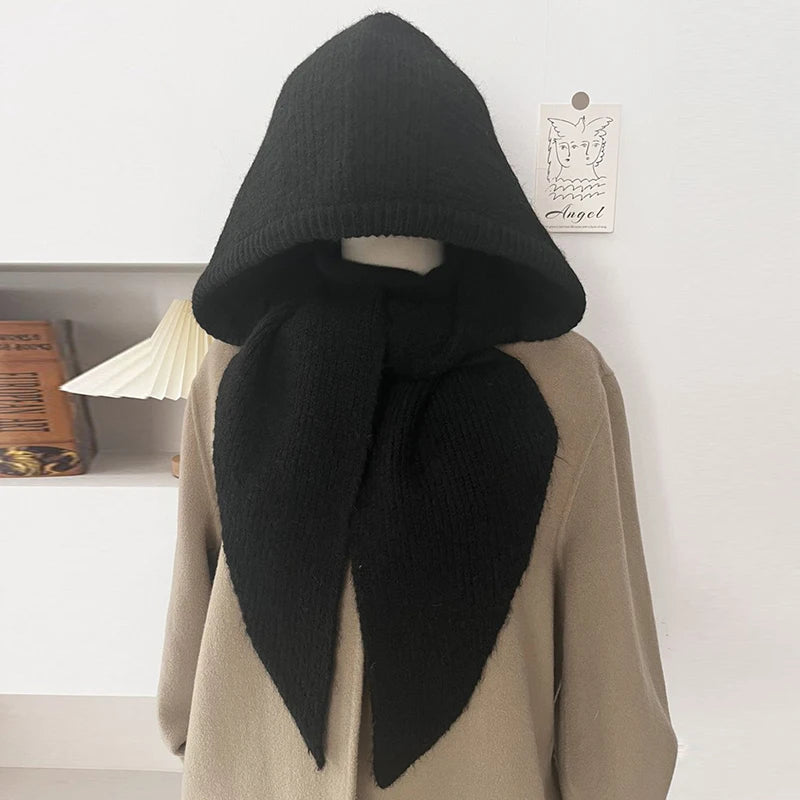 Winter Y2K Wool Knitted Balaclava Hat Fashion Fake Collar Shawl Hooded Hat Outdoor Pullover One-piece Neck Collar Warm Beanies