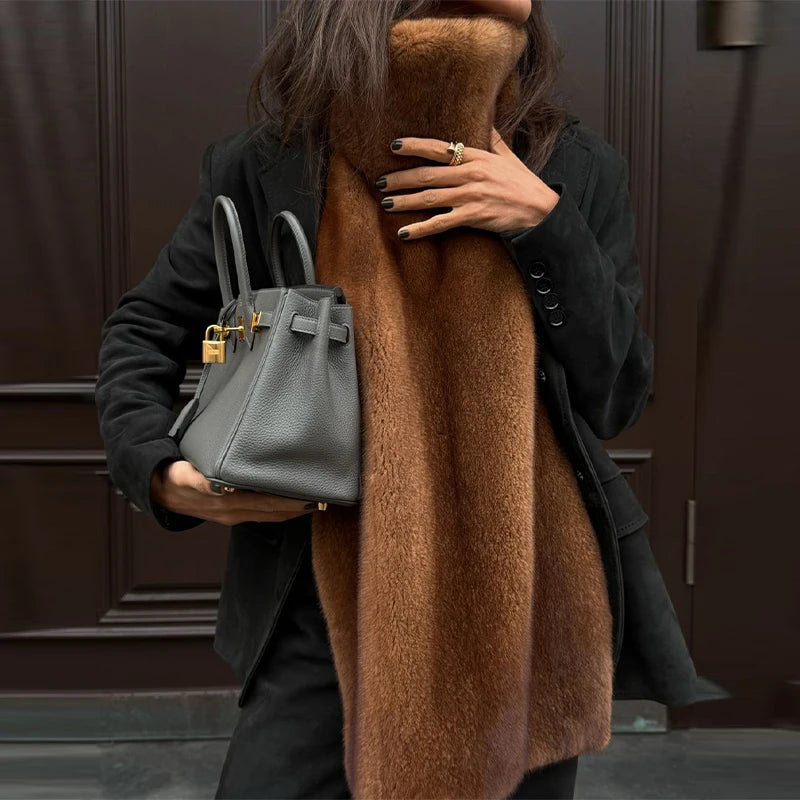 Elegant Shawl Faux Fur Women Coat Lace Up Full Sleeve Belted Waist Lapel Woolen Female Jacket 2025 Autumn Winter Lady Outwears
