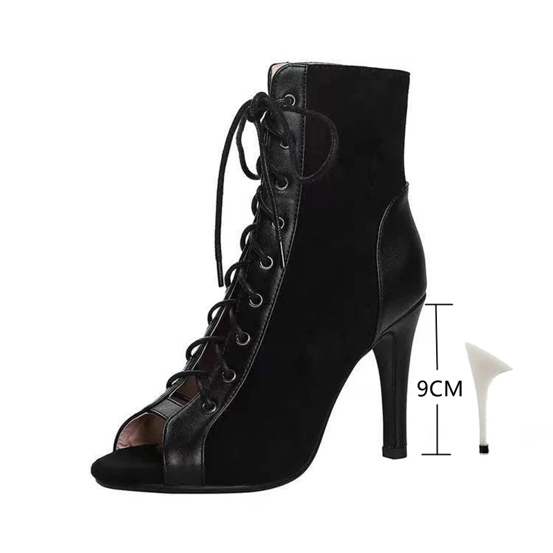 Lace-Up Sandals Heels 9CM Women's Shoes Summer 2024 Trend Black Sexy Peep Toe Boots Fashion Cloth Stilettos Jazz Dance Female