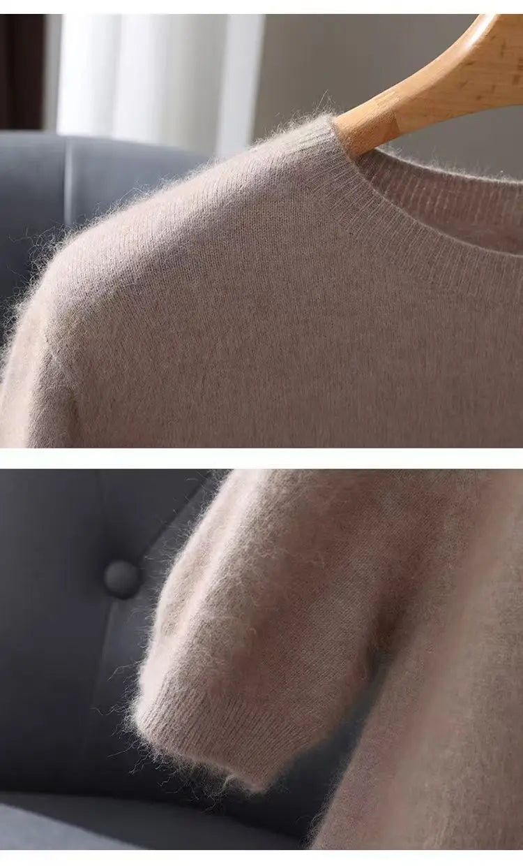 100% Mink Cashmere Knit Sweater Men's T-Shirt Spring Summer Loose O-Neck Solid Color Casual Business Base Pullover Short Sleeve