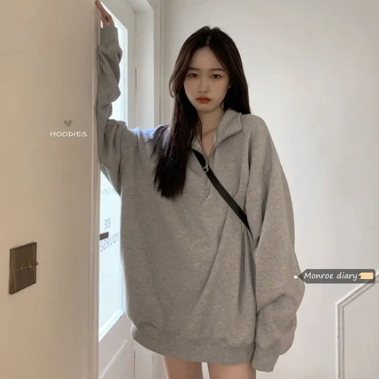 Deeptown Korean Fashion Gray Oversized Sweatshirts Women Harajuku Zip Up Hoodie Vintage Loose Casual Polo Collar Pullover Tops