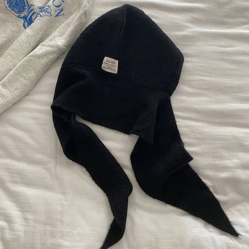 Winter Y2K Wool Knitted Balaclava Hat Fashion Fake Collar Shawl Hooded Hat Outdoor Pullover One-piece Neck Collar Warm Beanies