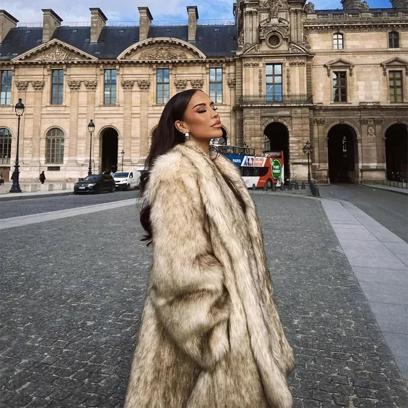 Winter Lady Luxurious Lapel Faux Fur Coats Fashion High Street Long Sleeve Oversize Cardigan Jacket Thick Warm Female Outerwear