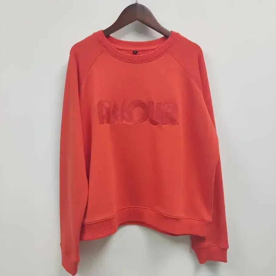 Women Early Spring New Retro Letter Love Print Loose Pullover Sweatshirt Long-sleeved Terry Sweatshirt